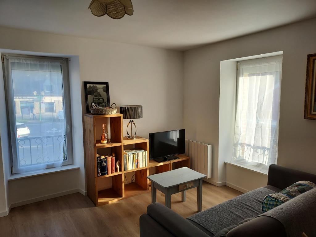 a living room with a couch and a tv at Appartement Duplex très lumineux en centre ville in Janzé