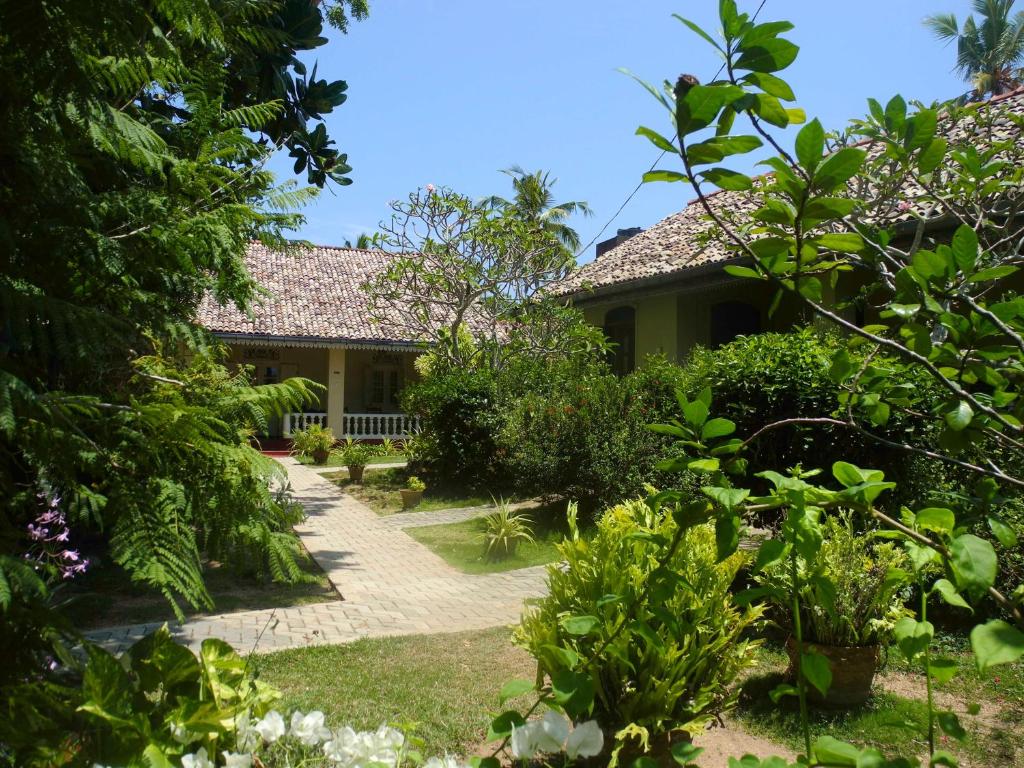 a garden in front of a house at Top of the Hill Guesthouse in Weligama