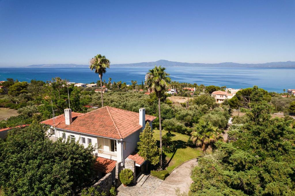 uma vista aérea de uma casa com palmeiras e do oceano em Old Sport Mansion em Mikrá Mandínia