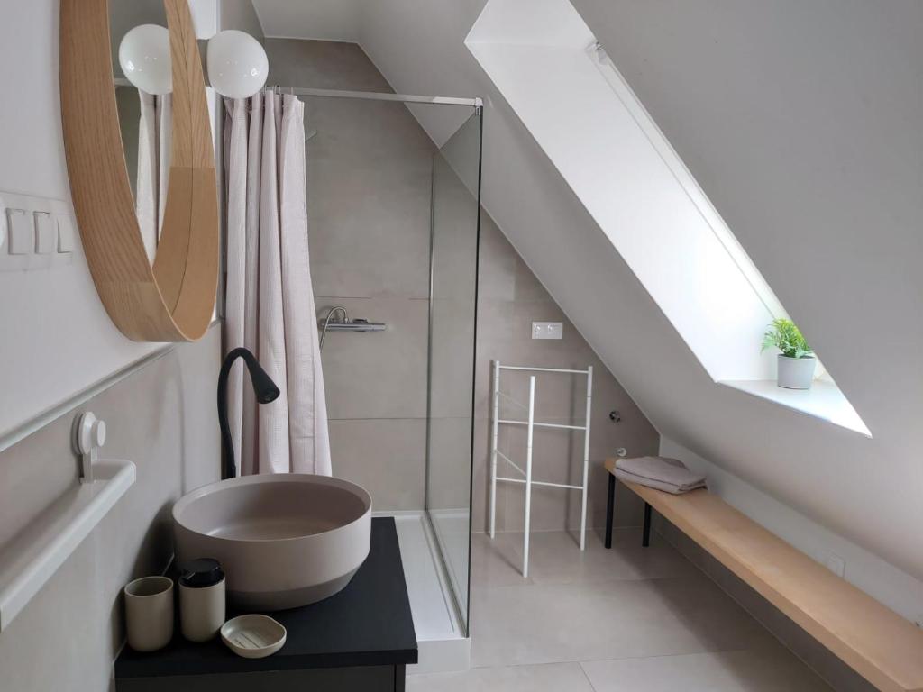 a bathroom with a sink and a shower with a toilet at Apartament 39 in Karpacz