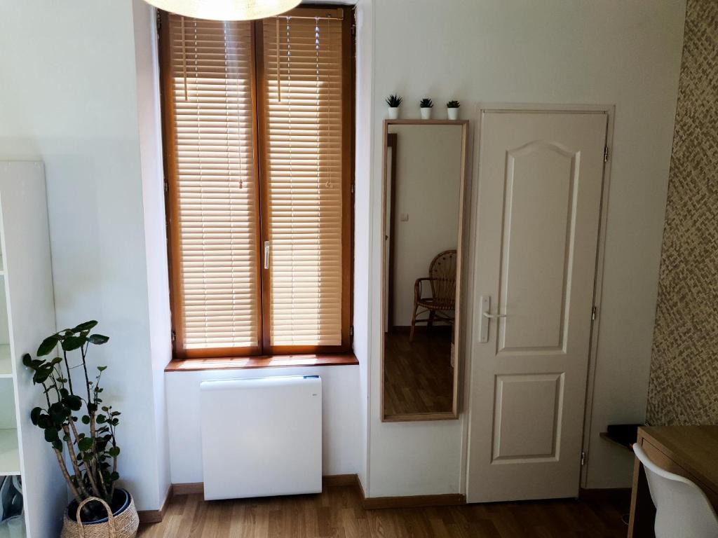 a room with a door and a window and a mirror at Appartement cosy entier, parking gratuit dans la rue in Dijon