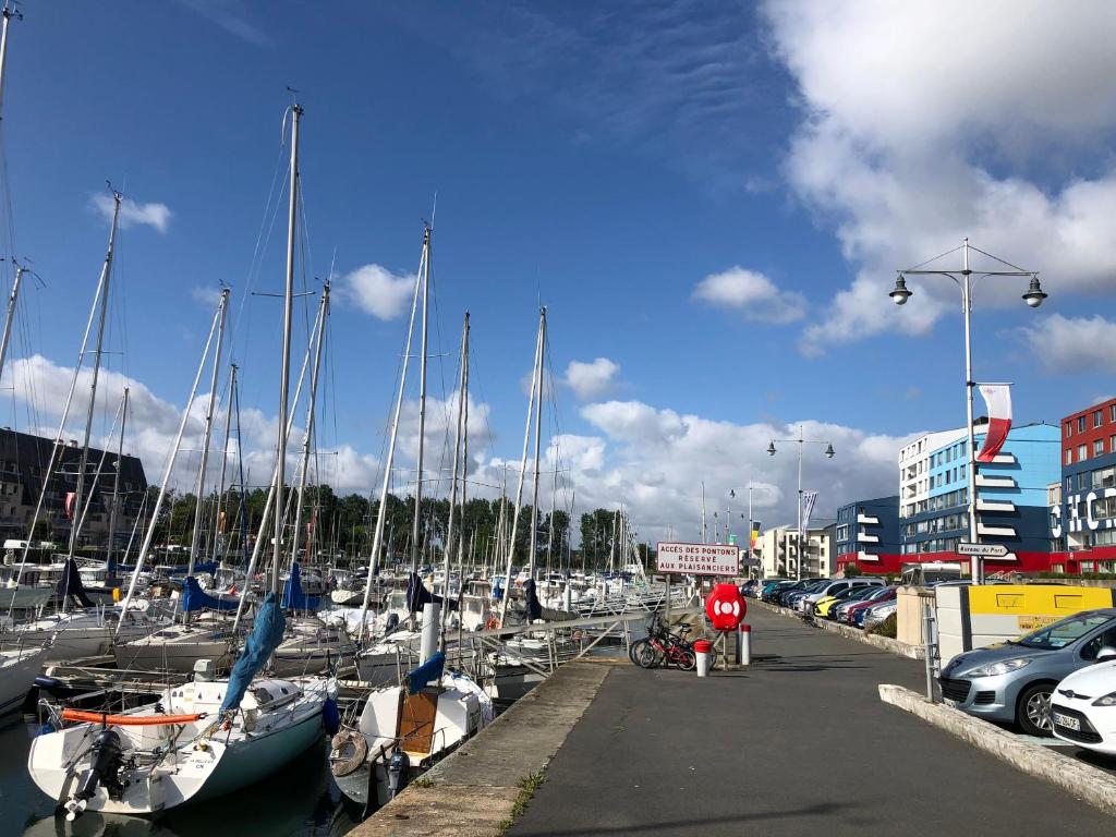 un montón de barcos estacionados en un puerto deportivo en soleil et bateau en Courseulles-sur-Mer