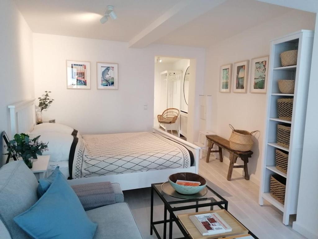 a small room with a bed and a couch at Townhouse Altstadt Wismar, Lower Apartment in Wismar