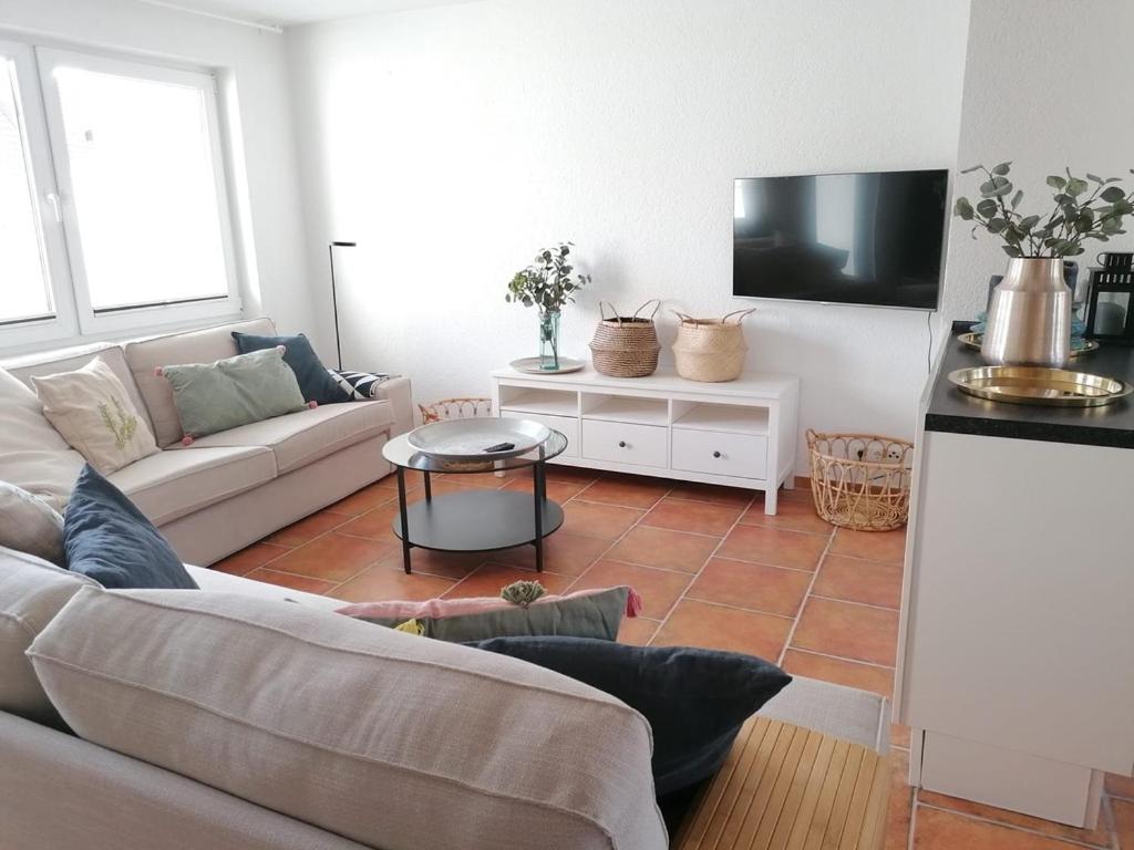 a living room with a couch and a tv at Townhouse Altstadt Wismar Upper Apartment mit zwei Terrassen in Wismar