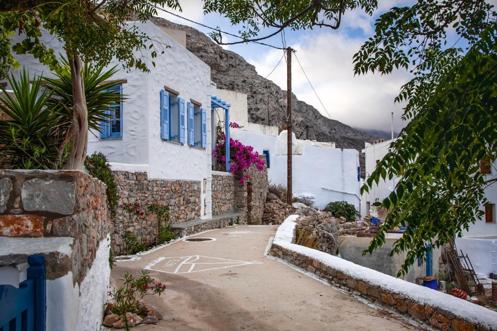 una calle en un pueblo con casas blancas en Villa Nina, dreamy little cycladic home in Amorgos, en Órmos Aiyialís