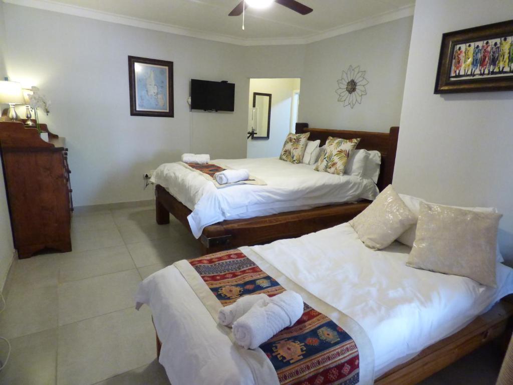 a hotel room with two beds and a tv at Villa Africa Guesthouse in Tsumeb