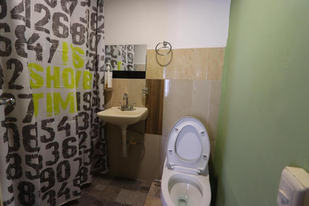 La salle de bains est pourvue de toilettes et d'un lavabo. dans l'établissement Krishna Guest House, à Monterrey
