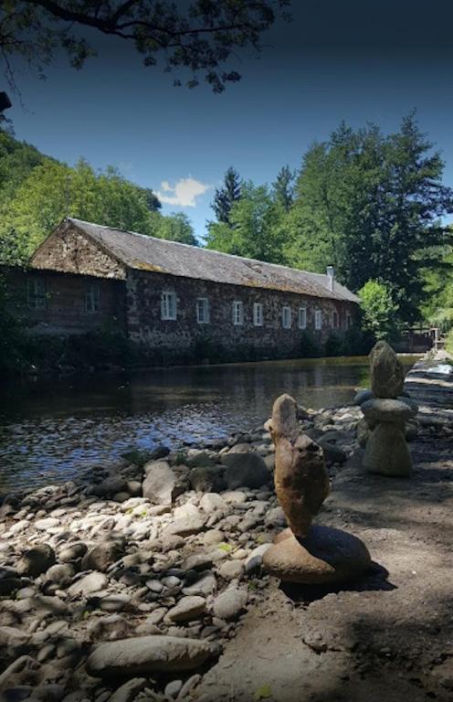 two statues sitting on the rocks near a body of water at Gites Libellule at Auberge de l'Arac, Bar, Restaurant in Aleu