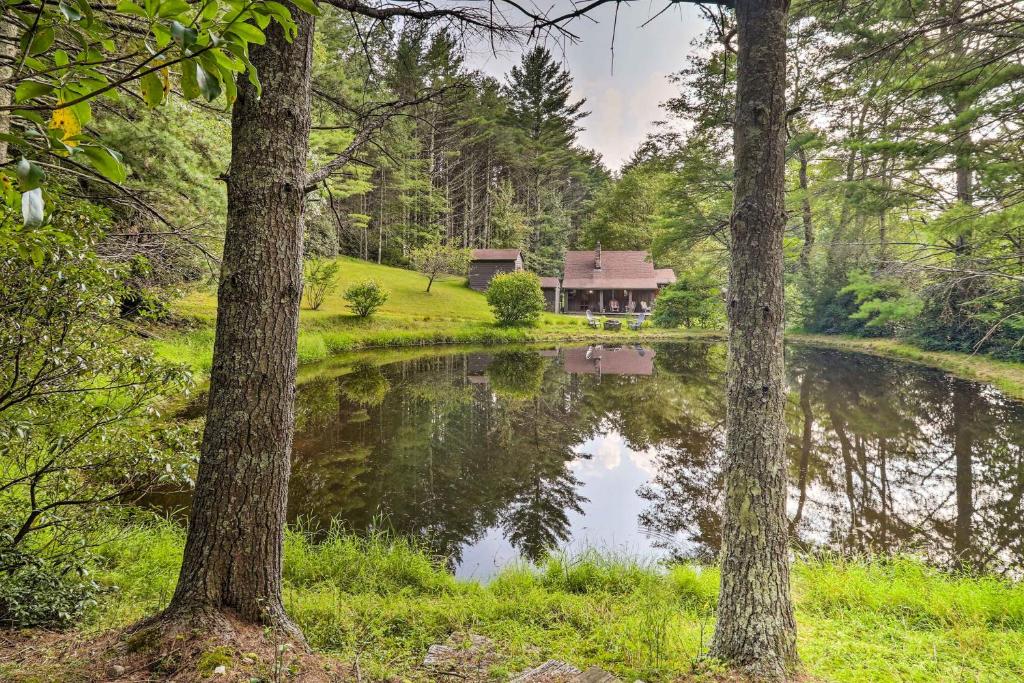 a house in the woods next to a pond at Cozy Ennice Cabin on the Blue Ridge Parkway! in Glade Valley