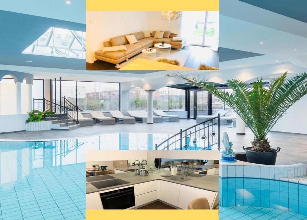 uma colagem de fotos de uma casa com piscina em 25h SPA-Residenz POOLs IN & OUT, private Garden & Beach em Neusiedl am See