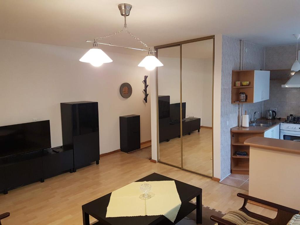 Il comprend un grand salon avec une table et une cuisine. dans l'établissement Apartments in Panevezys city center, à Panevėžys
