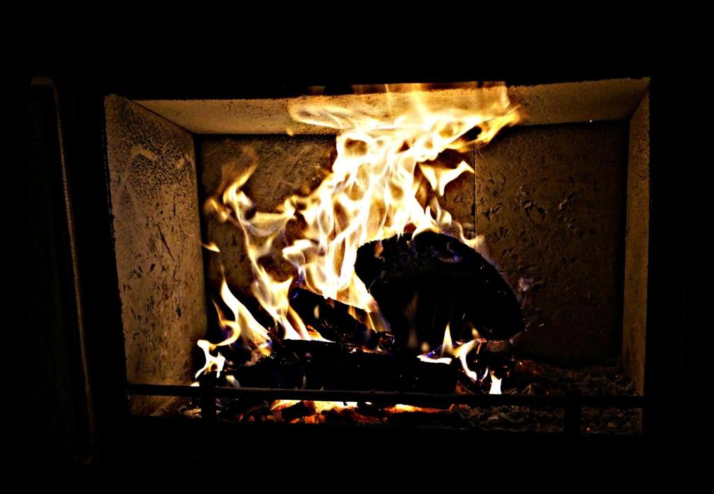 un fuego en un horno de ladrillo con llamas en él en Complejo Oasis Beach sobre el Rio, en Huerta