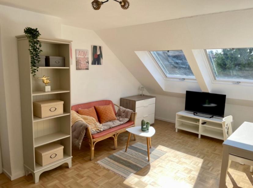 salon z kanapą i telewizorem w obiekcie West46 Apartment mit Netflix & Prime w mieście Duisburg