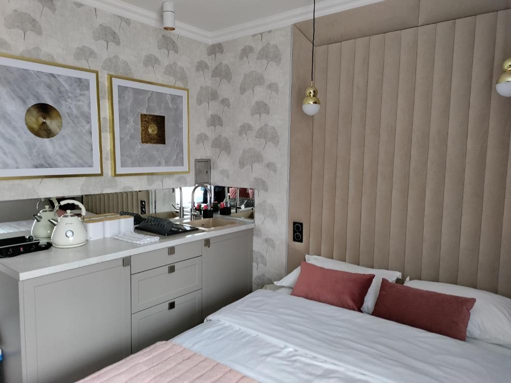 1 dormitorio con 1 cama con almohadas rojas y cocina en BookNow - starówka Zielona Góra, en Zielona Góra