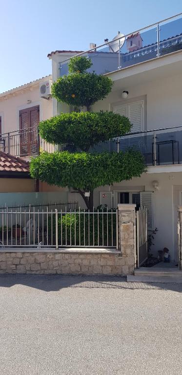 a tree in front of a building with a fence at Rooms &amp; Apartments Barišić in Mlini