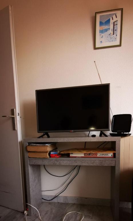 Televízia a/alebo spoločenská miestnosť v ubytovaní Appartement Climatisé Vue Mer Route des Sanguinaires