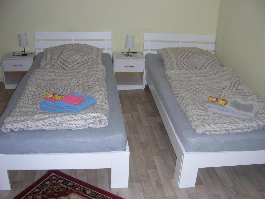 two beds sitting next to each other in a room at Kleine FEWO zentral gelegen in Künzell