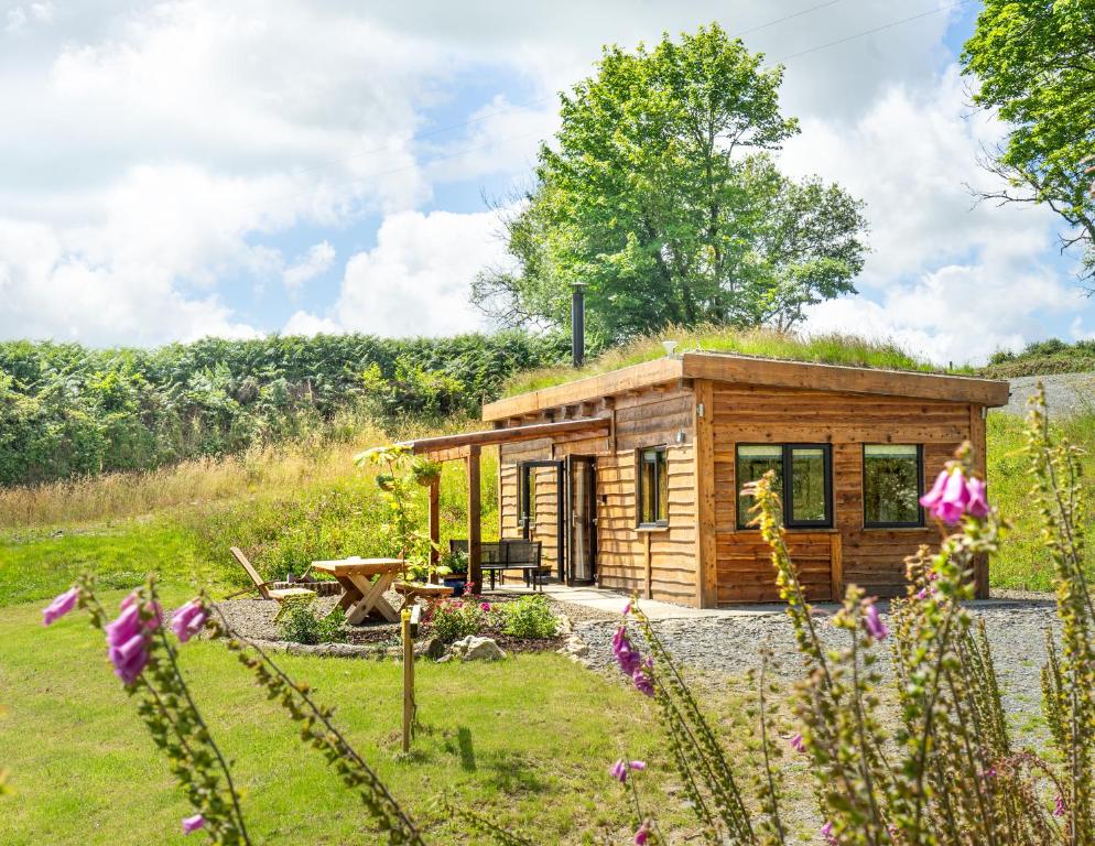 a small wooden cabin with a grass roof at Llwyn-Teg Log Cabin in Whitland