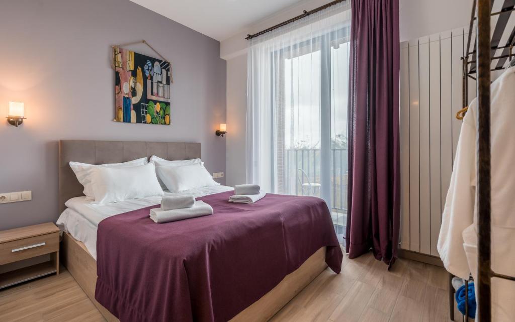 古道里的住宿－New Gudauri Alpic 309，一间卧室配有一张带紫色床单的床和窗户。