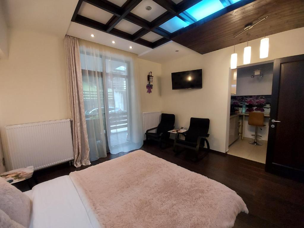 1 dormitorio con cama, mesa y ventana en Apartament 13 si 16 in Oxygen Residence Sinaia, en Sinaia