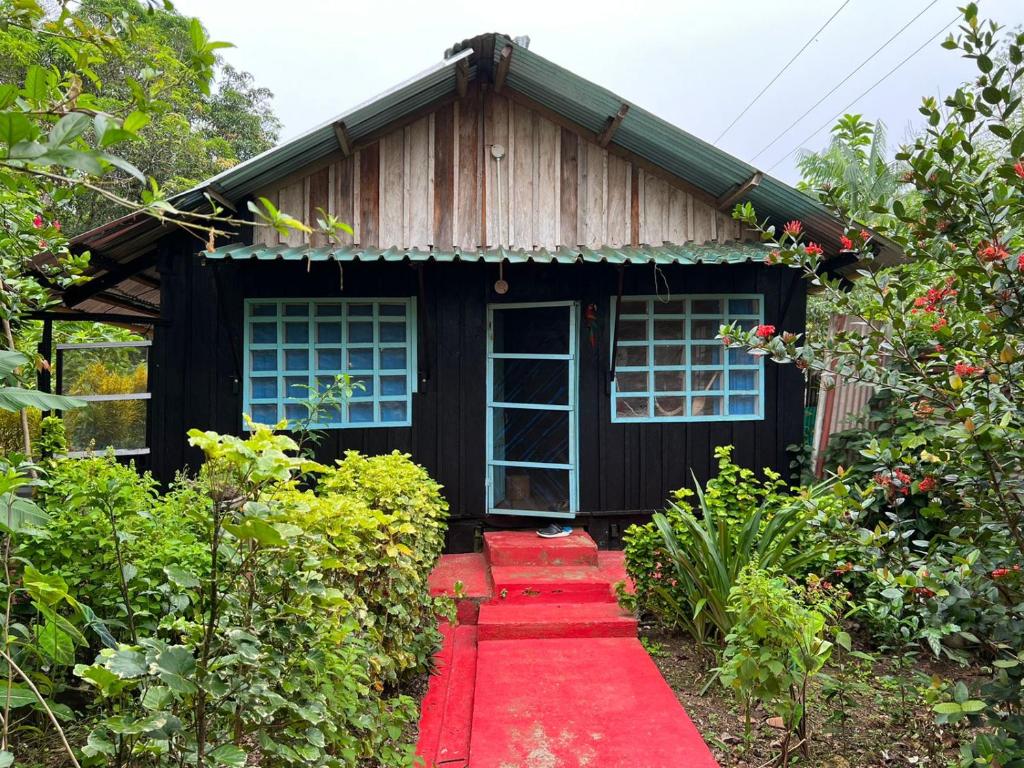 una pequeña casa con una alfombra roja delante de ella en Flor de la selva, en Puerto Nariño