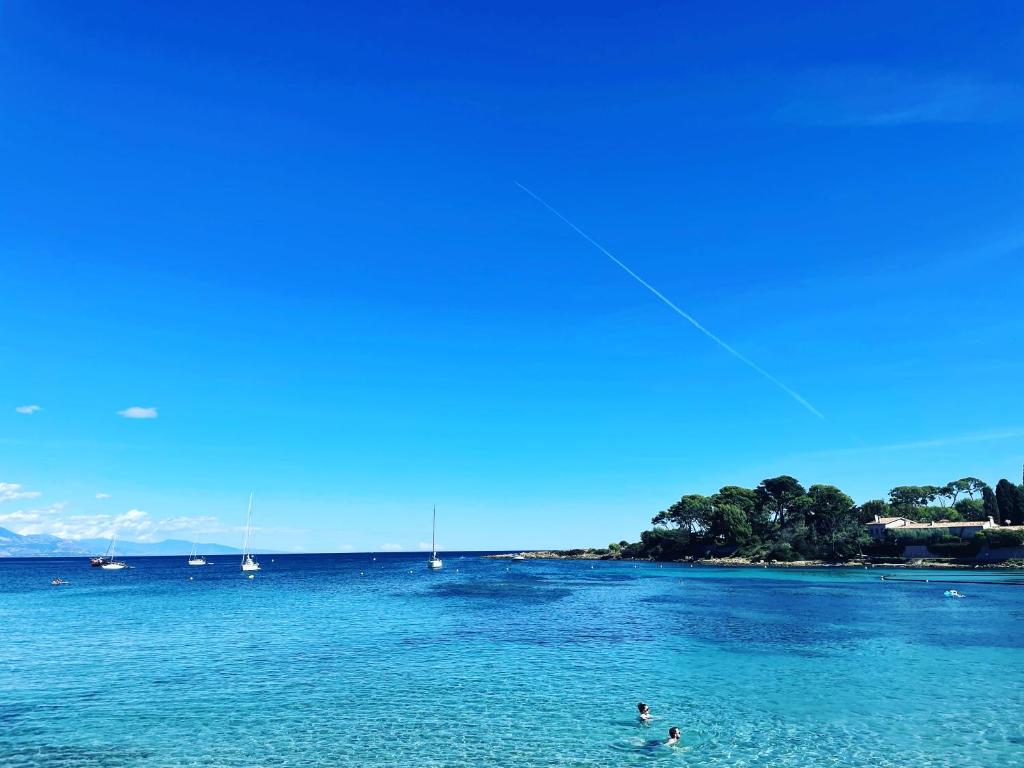 deux personnes nagent dans l'eau bleue dans l'établissement Cap d'Antibes - Garoupe - Pool, Tennis privé, à 300m de la plage, à Antibes