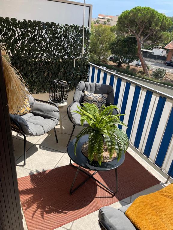 une terrasse avec deux chaises et une plante en pot dans l'établissement Terrasse plein sud, deux chambres doubles, à Antibes