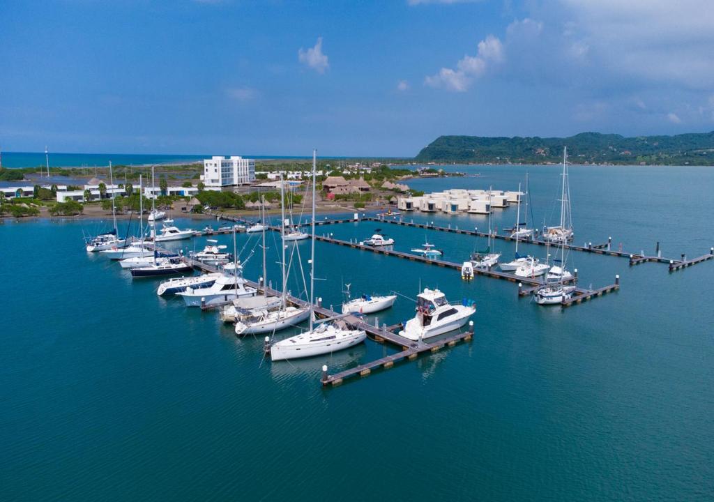 a group of boats docked at a dock in the water at Marina Puerto Velero in Tubará