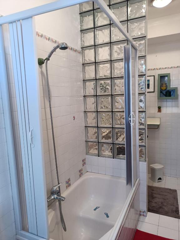 W łazience znajduje się prysznic i wanna ze szklanymi drzwiami. w obiekcie Residenza Schinardi w mieście Oristano