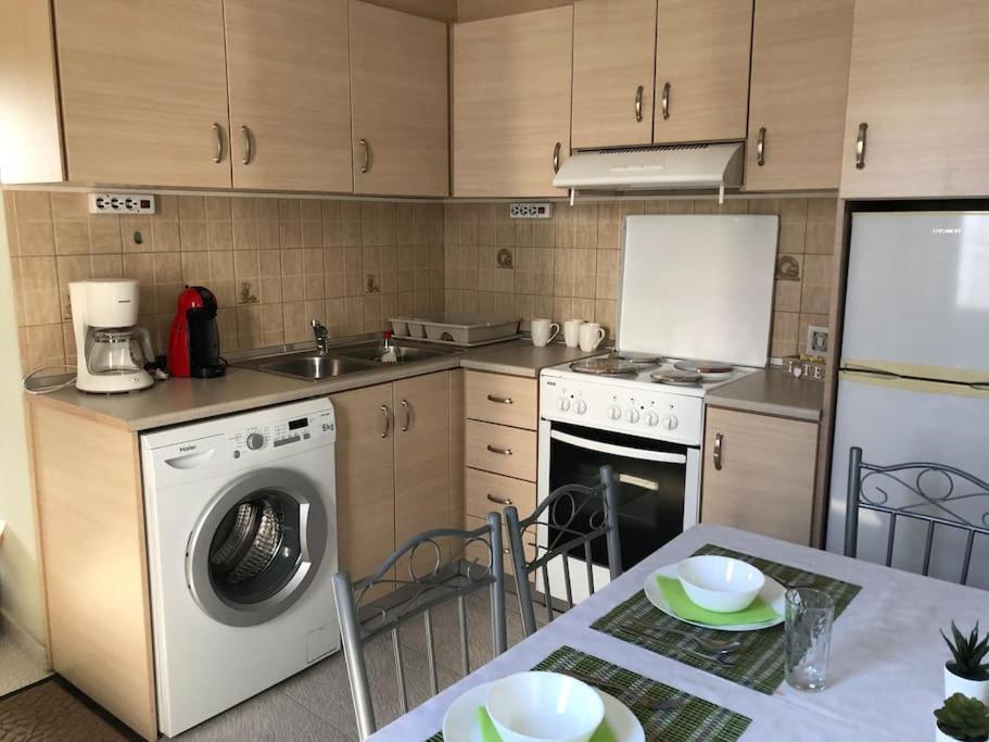 una cucina con lavatrice e tavolo con piatti di Studio Nefeli a Archangelos