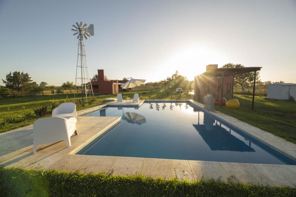 a swimming pool with chairs and ducks in a field at Basilia - Casas de campo in Ruiz