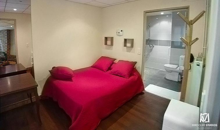 1 dormitorio con 1 cama rosa grande y baño en Hôtel Jarry Confort en París