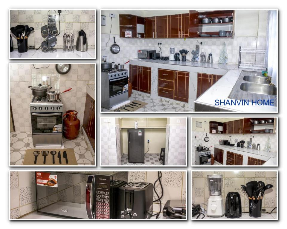 a collage of photos of a kitchen with appliances at Exquisite 2BR Ensuite Apartment close to Rupa Mall, Mediheal Hospital, and St Lukes Hospital in Eldoret