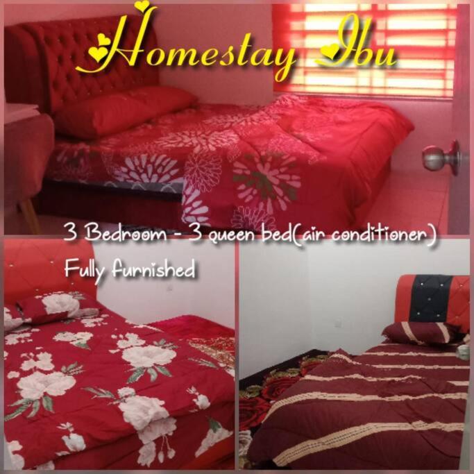 2 fotos de un dormitorio con una cama con sábanas rojas en Homestay Ibu(Muslim sahaja) en Ipoh