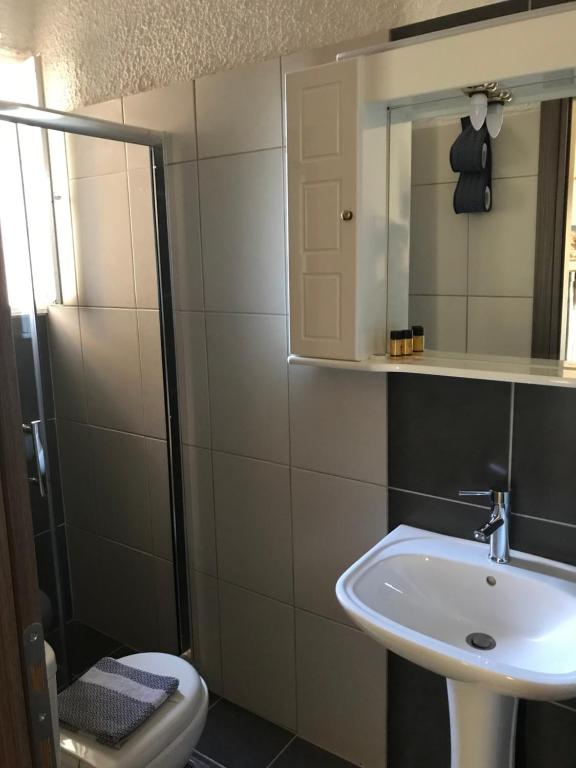 łazienka z umywalką, lustrem i toaletą w obiekcie Chaliotis Apartments w mieście Chalkida