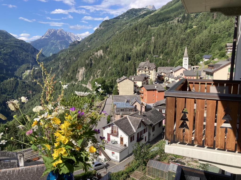 una ciudad en las montañas con un jarrón de flores en Bel appartement 2.5 pièces avec balcon, magnifique vue sur le glacier des Grands en Finhaut