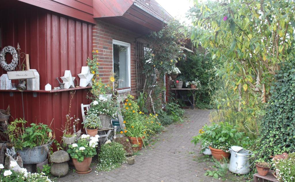 a garden with potted plants and flowers on a house at Ferienwohnung Fleur de Lys Urlaub auf Anfrage mit Hund in Trappenkamp