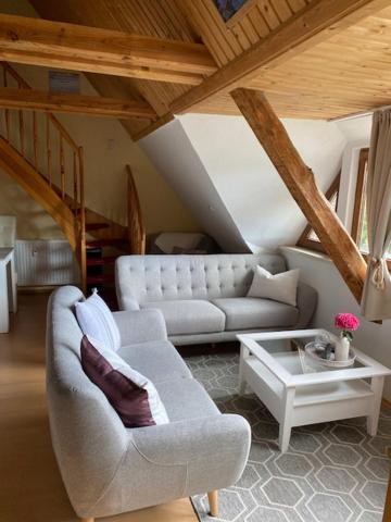 uma sala de estar com um sofá e uma mesa em Ferienwohnung Otto em Rappin