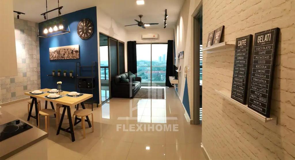 a dining room with a table and a chalkboard on the wall at Cozy and Spacious 2 Bedroom, Family Home Cybersquare 21 Cyberjaya, Flexihome-MY in Cyberjaya