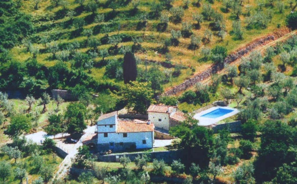 an aerial view of a house on a hill with a pool at Agriturismo Montereggi in Fiesole