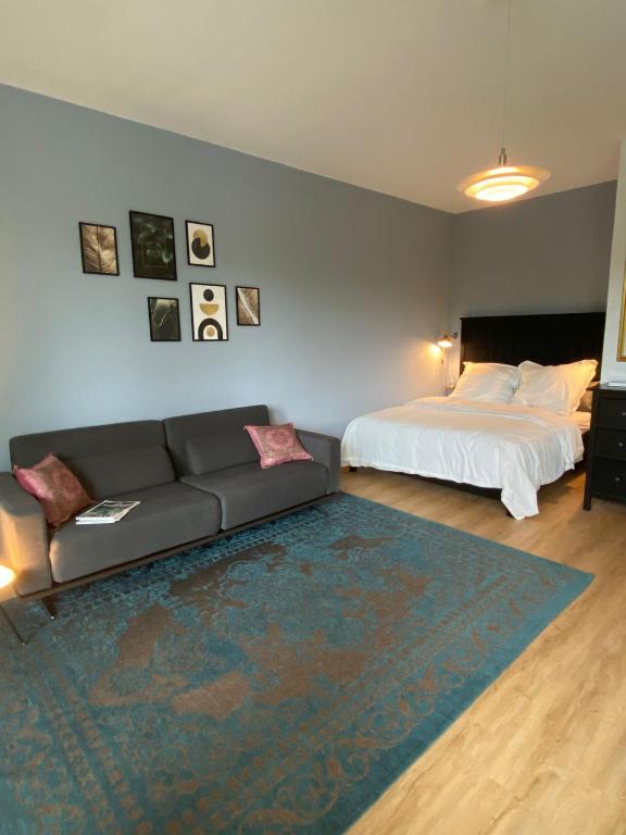 ein Wohnzimmer mit einem Sofa und einem Bett in der Unterkunft Beautiful apartment with balcony in Berlin