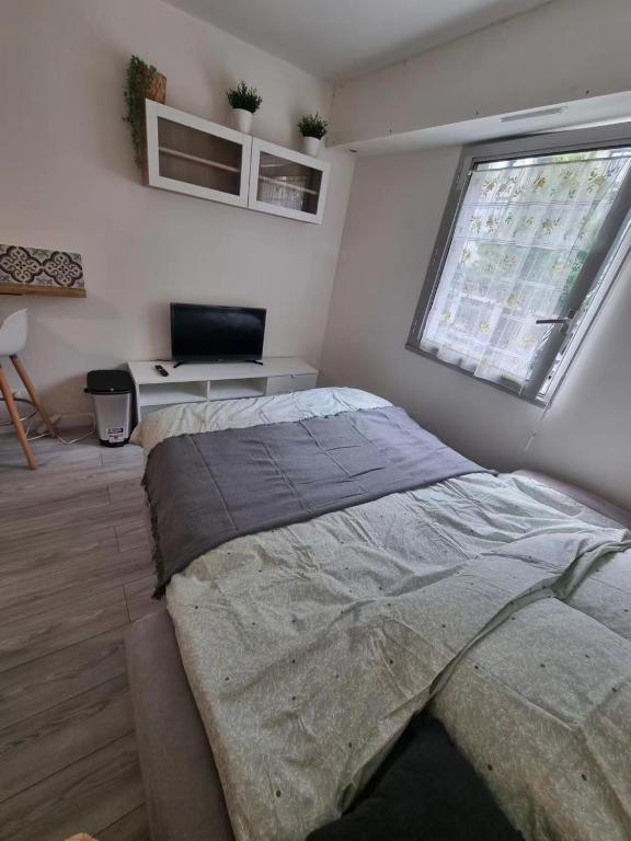 - une chambre avec un lit, un bureau et une fenêtre dans l'établissement Petit Appartement Cosy, à Chaville
