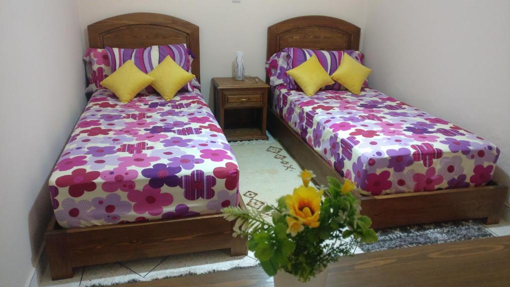 - deux lits assis l'un à côté de l'autre dans une pièce dans l'établissement Araucaria, à Essaouira