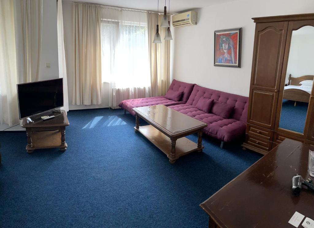 a living room with a purple couch and a tv at Hotel Rotasar in Sofia