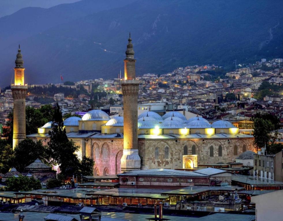 uma mesquita com duas torres e uma cidade à noite em Uraz Apart em Bursa