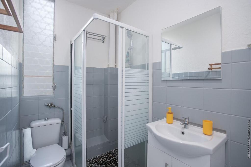 un bagno con wc, lavandino e doccia di Studio La Pivoine, en bord de mer a Les Trois-Îlets
