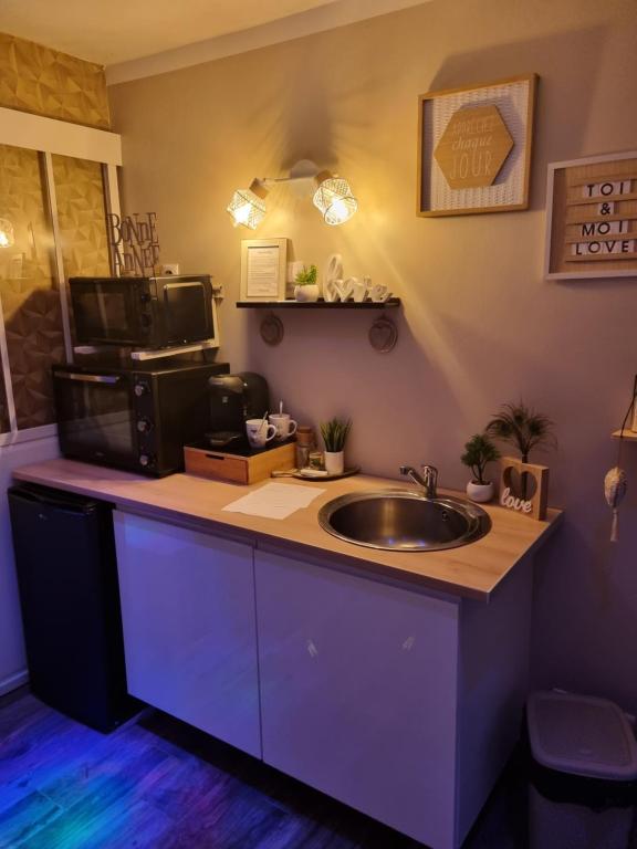 a kitchen counter with a sink and a microwave at Chambres d&#39;hôtes avec jacuzzi privatif in Westrehem