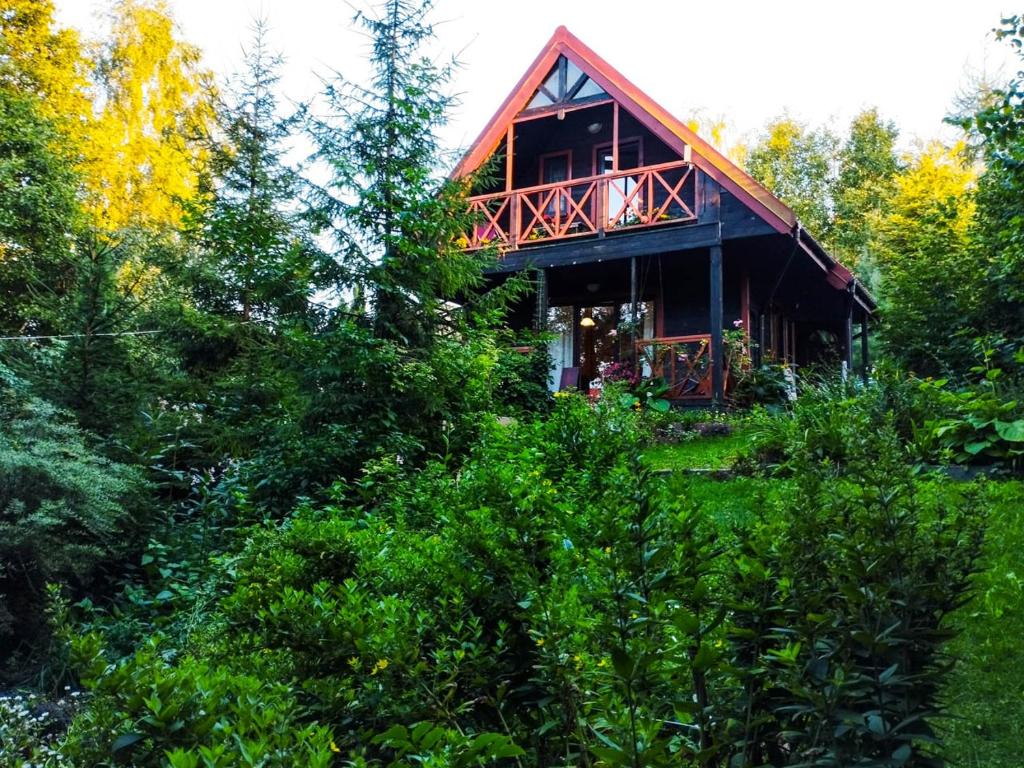 Przejma Wielka的住宿－Garden House nad jeziorem Szelment，树中间有红色屋顶的房子