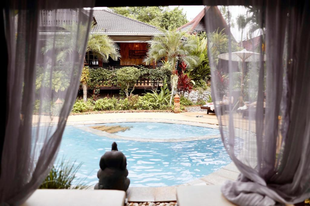 un perro mirando por la ventana de una piscina en Homestay Chiangrai, en Chiang Rai