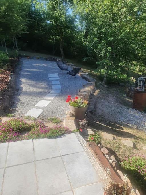 un jardin avec un oiseau assis sur le trottoir dans l'établissement Les grives aux loups, à Brive-la-Gaillarde
